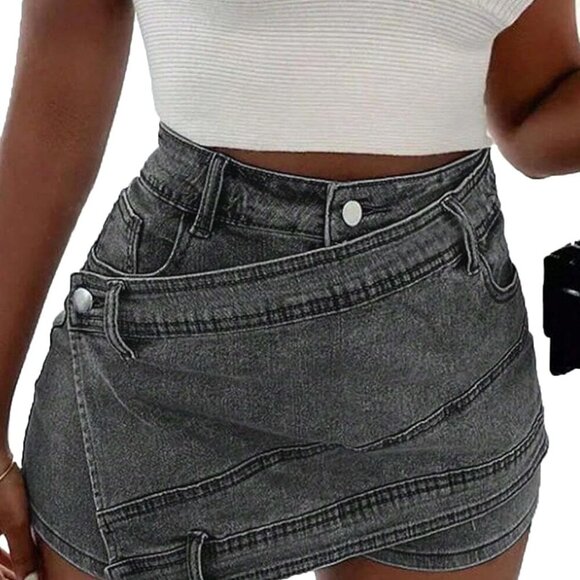 Women Denim Mini Skirt Jean Skort Sexy High Waisted Asymmetrical Stretch Short S - Picture 2 of 5